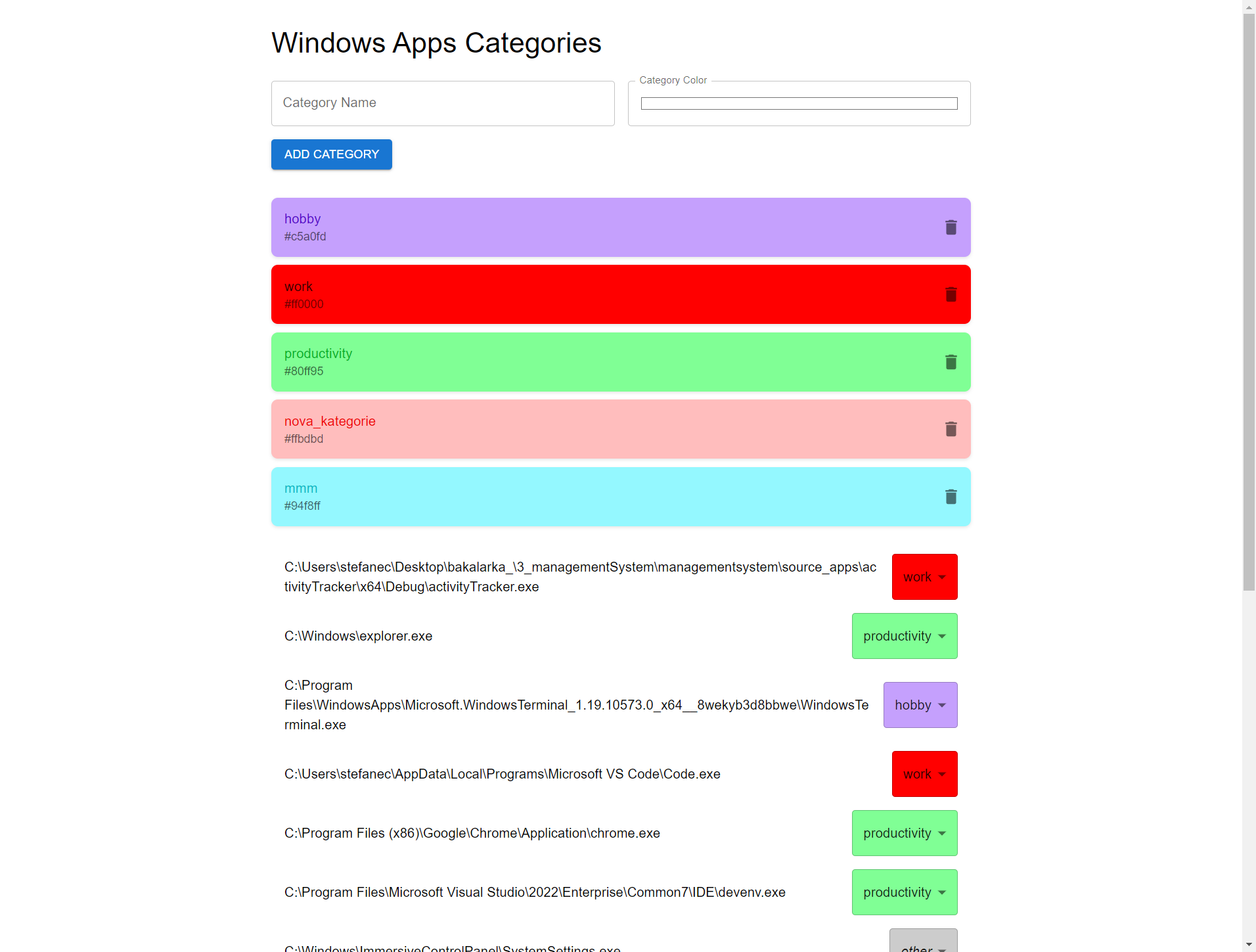 Windows Apps Categories Settings